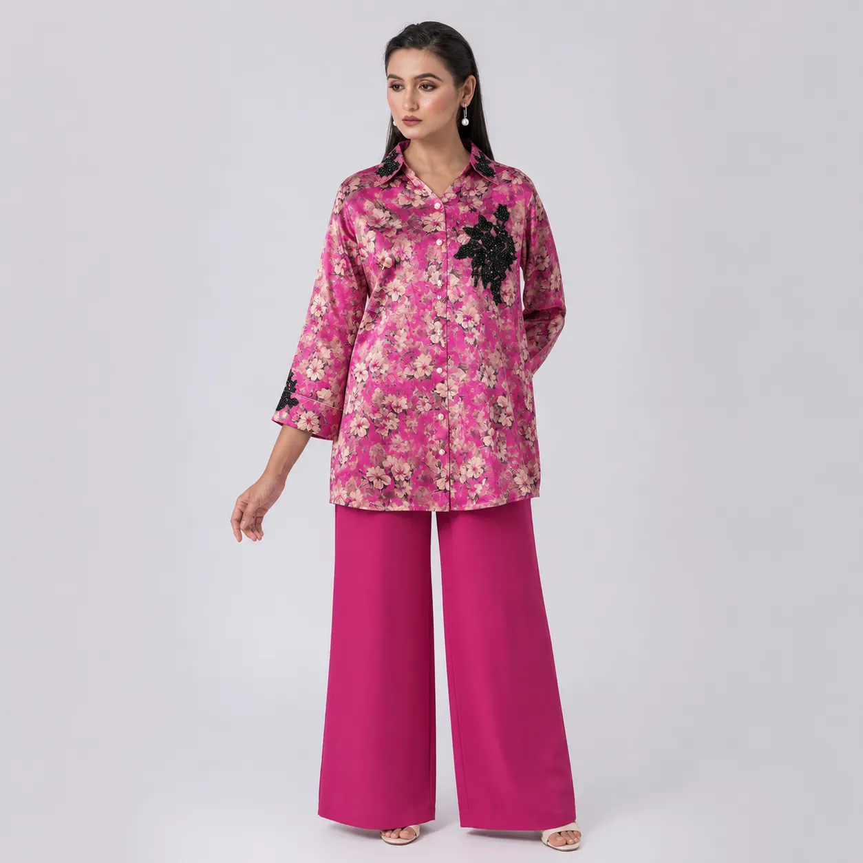 Pink Floral Embellished Satin Shirt